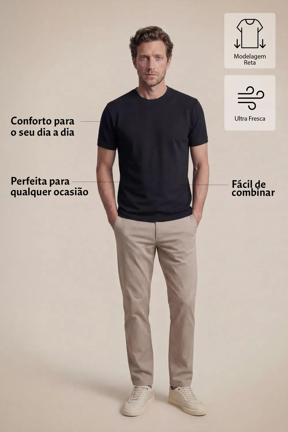 Camiseta preta com destaque para conforto e caimento